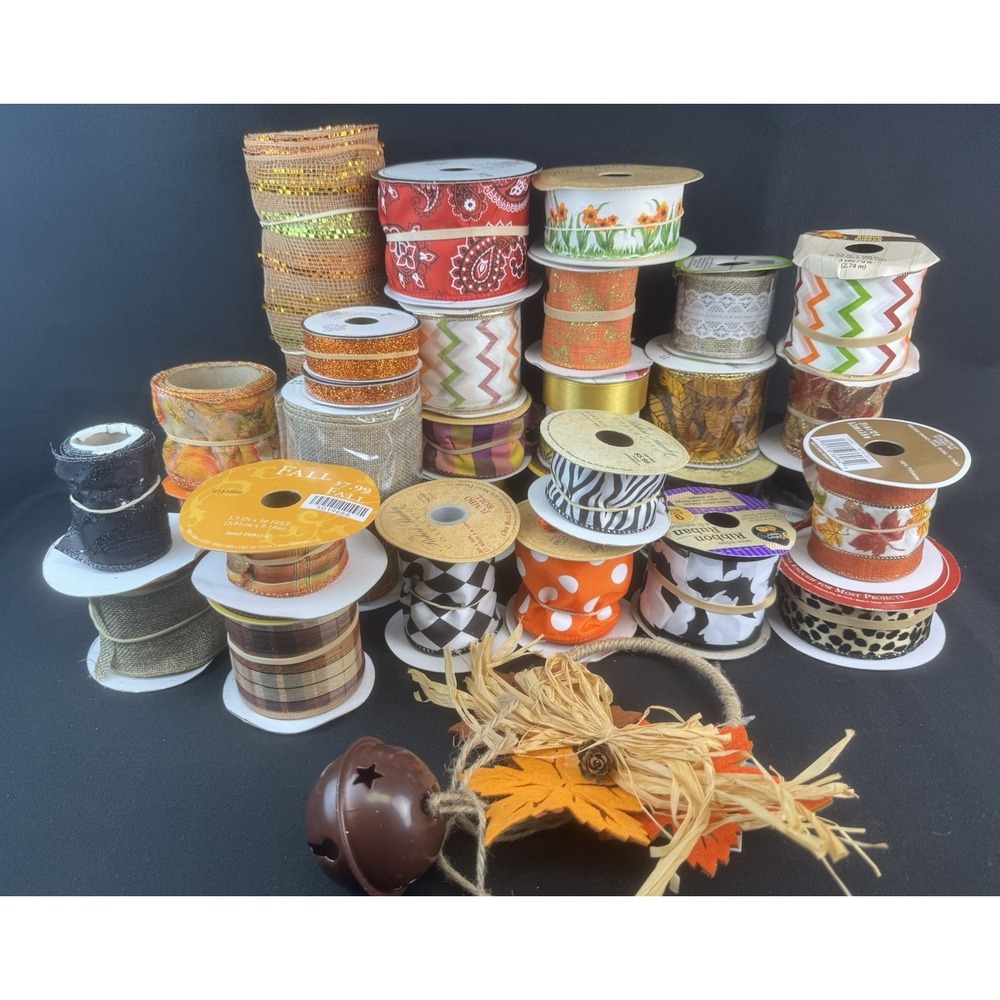 Lot Of 30+ Fall/Halloween Craft Wired Ribbon New & Used
